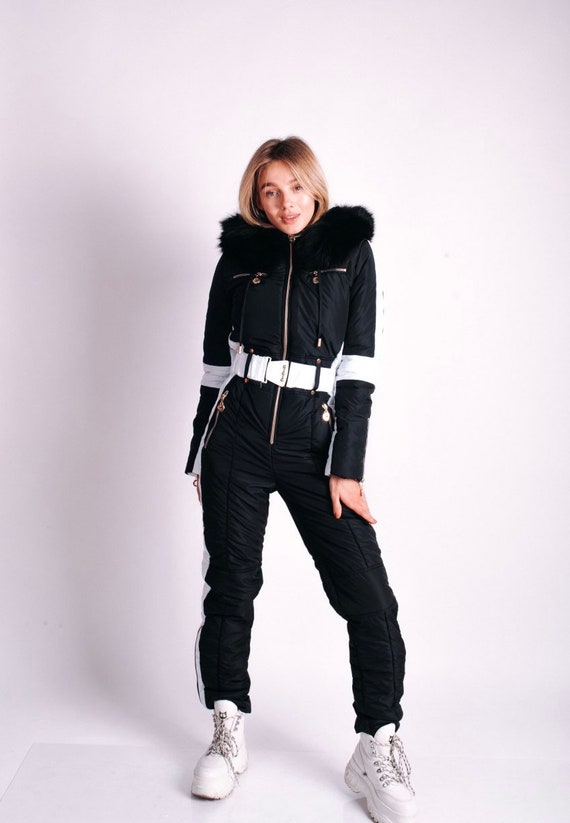 Women's Ski Suit in Black White, Zip Chest Pockets Snowfall Ski Suit, Ski  Suit Ladies, Ski Fitted Belted Ski Suit With Hood and Side Stripe -   Canada