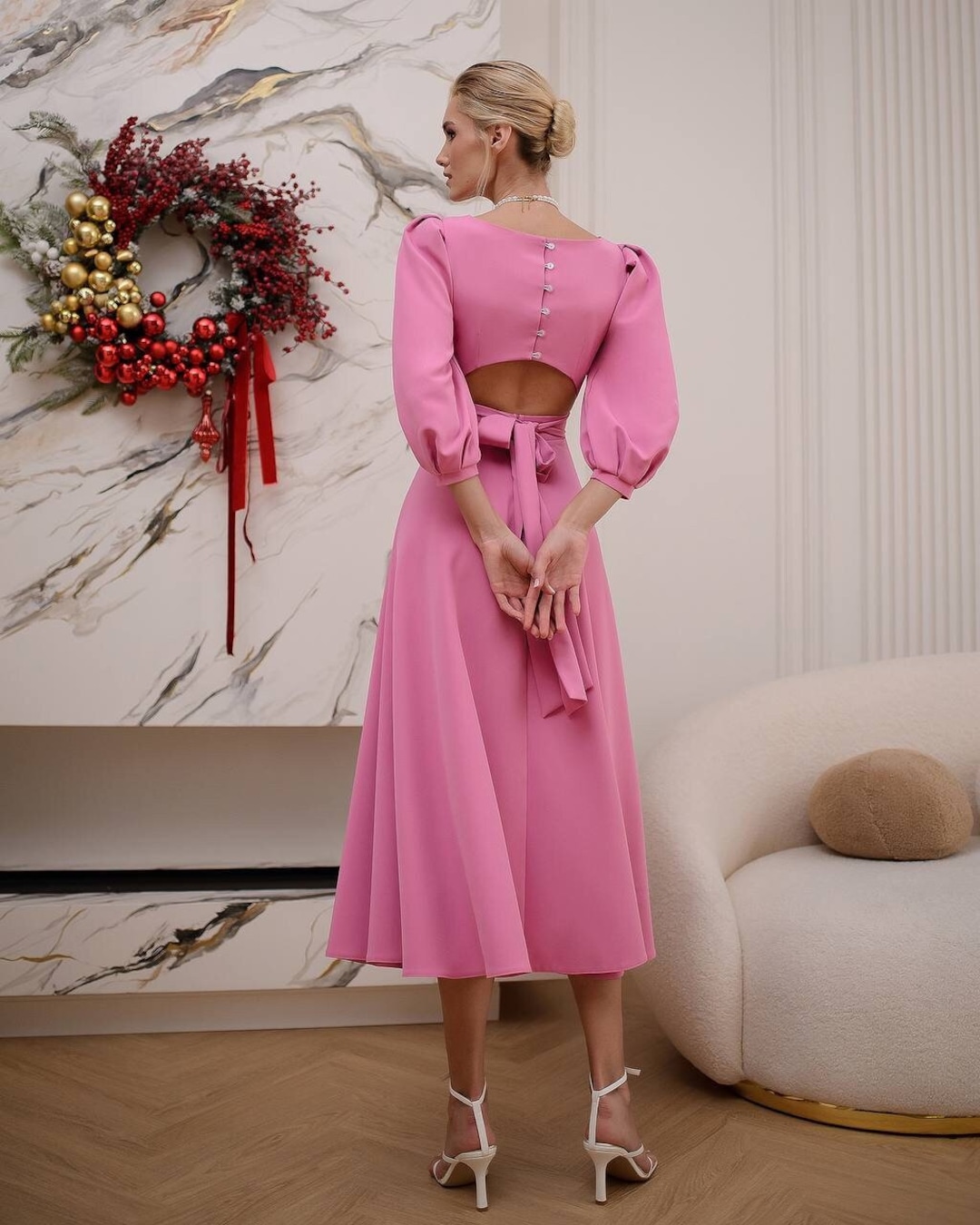Pink Open Back Dress, Wedding Guest Dress With Puff Sleeve, Elegant