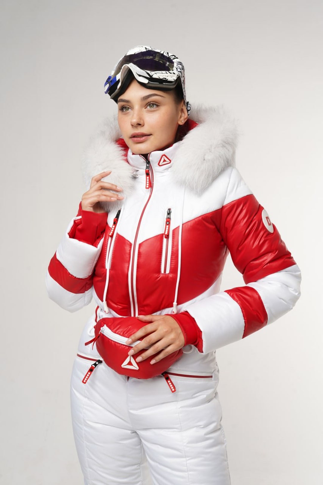 Colorblock Women's Ski Suit in Red and White, Winter Ski Suit Fitted Belted Waist With Bag, Ski