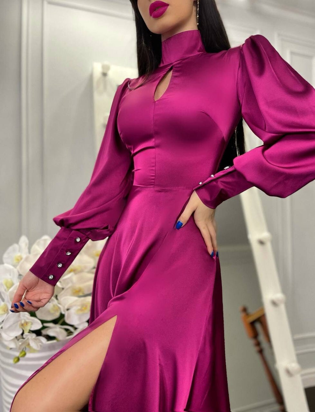 Fuchsia Wedding Guest Silk Dress Special Occasions Maxi Silk - Etsy