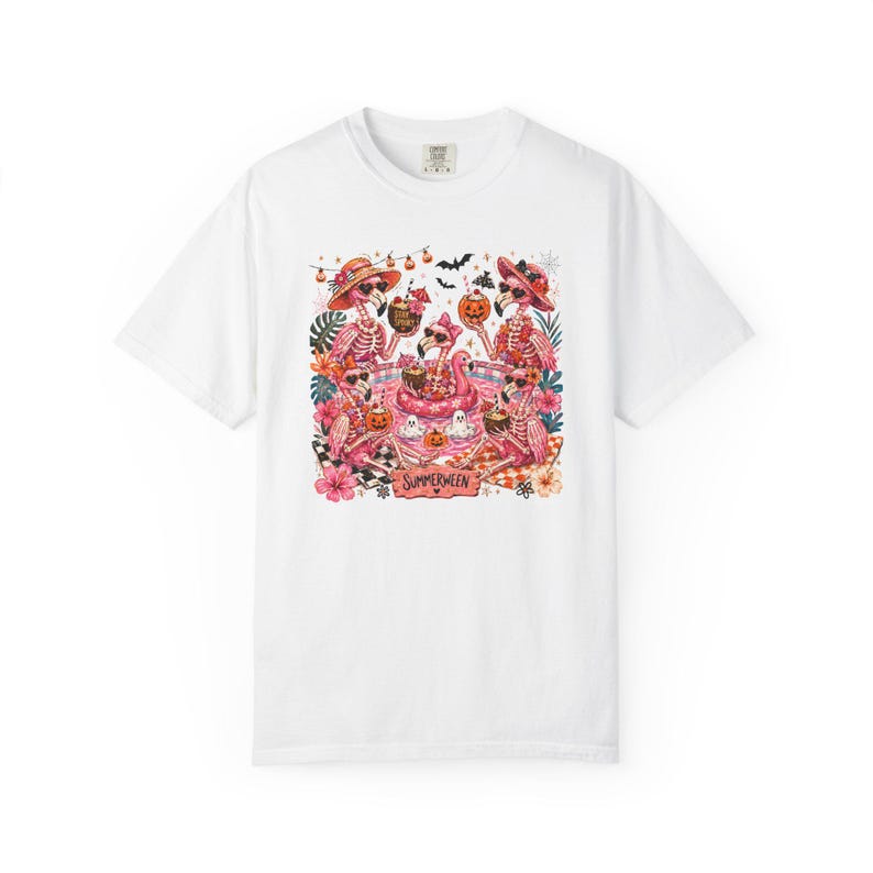 Summerween Flamingo Shirt, Spooky Pool Party Tee, Pink Halloween Shirt, Comfort Colors T Shirt White