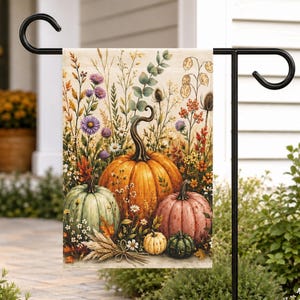 Bandera de jardín de calabaza otoñal, bandera floral de otoño para el patio, decoración rústica de calabaza para el porche