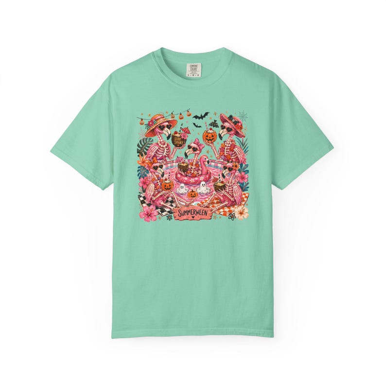 Summerween Flamingo Shirt, Spooky Pool Party Tee, Pink Halloween Shirt, Comfort Colors T Shirt Island Reef