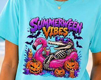 Summerween Vibes Halloween Shirt, Spooky Beach T Shirt, Funny Alligator Skeleton Tee, Unisex Graphic Shirt