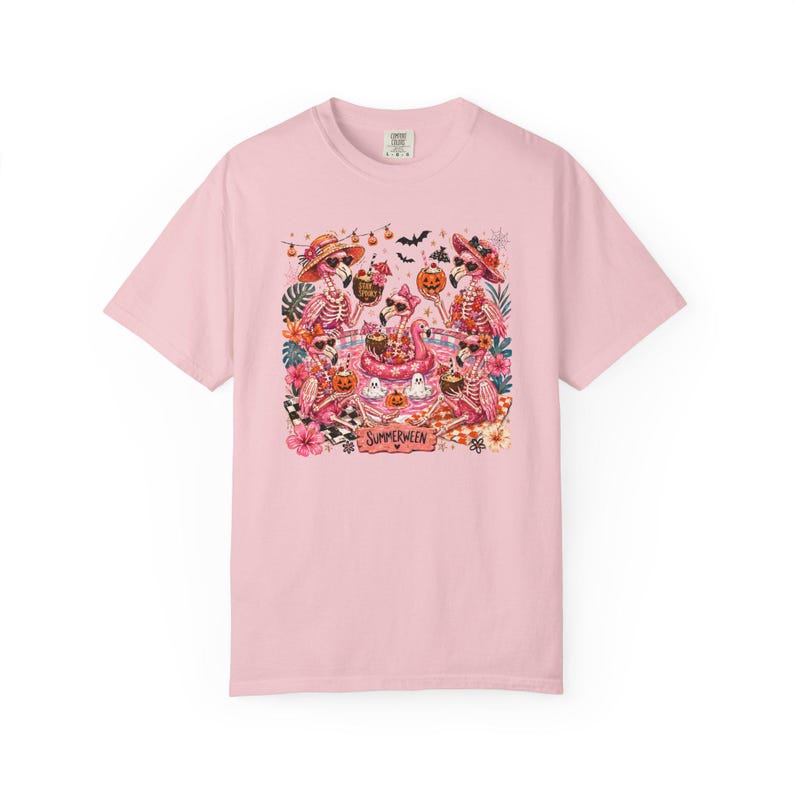 Summerween Flamingo Shirt, Spooky Pool Party Tee, Pink Halloween Shirt, Comfort Colors T Shirt Blossom
