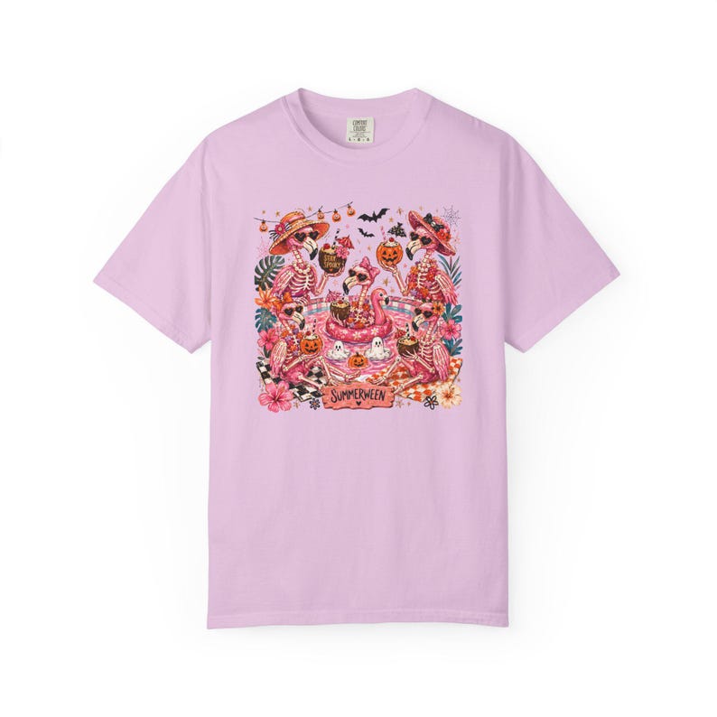 Summerween Flamingo Shirt, Spooky Pool Party Tee, Pink Halloween Shirt, Comfort Colors T Shirt Orchid