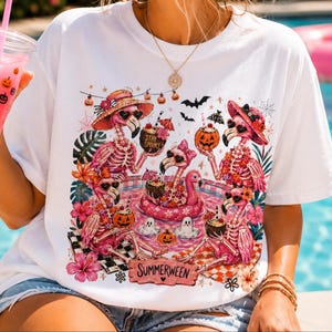 Summerween Flamingo Shirt, Spooky Pool Party Tee, Pink Halloween Shirt, Comfort Colors T Shirt image 1