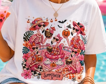 Summerween Flamingo Shirt, Spooky Pool Party Tee, Pink Halloween Shirt, Comfort Colors T Shirt