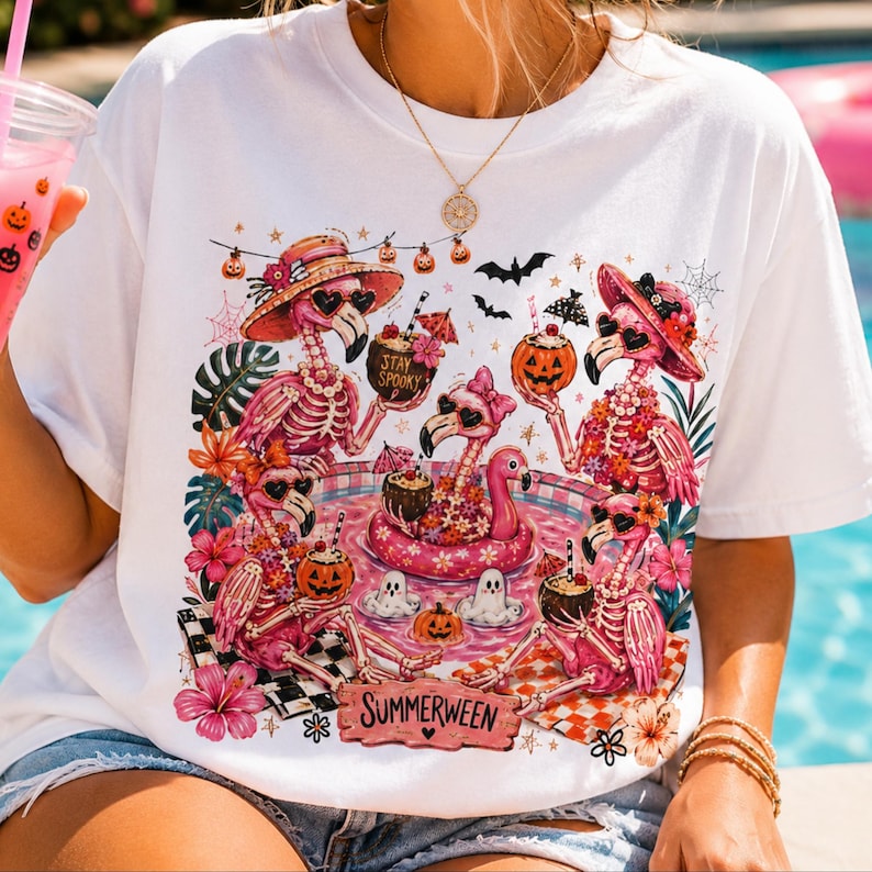 Summerween Flamingo Shirt, Spooky Pool Party Tee, Pink Halloween Shirt, Comfort Colors T Shirt image 1
