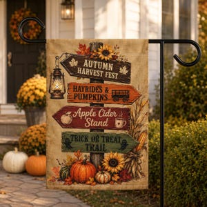 以下が含まれることがあります： Autumn Harvest Fest、Hayrides & Pumpkins、Apple Cider Stand、Trick or Treat Trailと書かれた4つの標識が木製の柱に取り付けられた長方形のガーデンフラッグ。ヒマワリ、カボチャ、ランタンが描かれています。