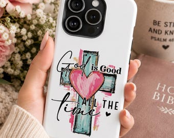 神は良い方です、クリスチャンのスマホケース、信仰に基づいたスマホケース、花柄の十字架ケース、iPhone 13-17用