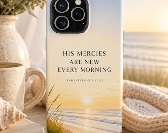 Christelijk telefoonhoesje, 'Zijn genade is elke ochtend nieuw', Klaagliederen 3:22-23, Zonsopgang boven de oceaan, voor iPhone 13-17
