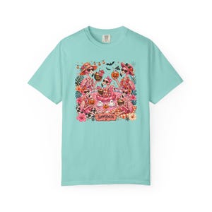 Summerween Flamingo Shirt, Spooky Pool Party Tee, Pink Halloween Shirt, Comfort Colors T Shirt Chalky Mint