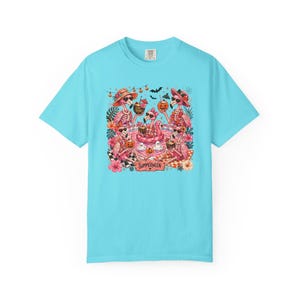 Summerween Flamingo Shirt, Spooky Pool Party Tee, Pink Halloween Shirt, Comfort Colors T Shirt Lagoon Blue