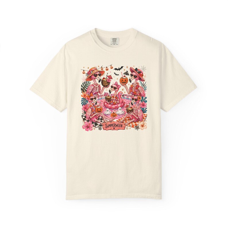 Summerween Flamingo Shirt, Spooky Pool Party Tee, Pink Halloween Shirt, Comfort Colors T Shirt Ivory