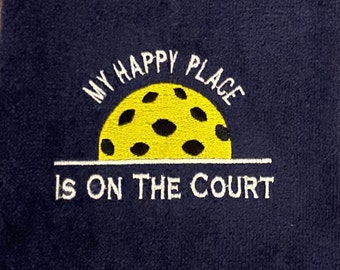 Personalized Pickleball Towel | Embroidered Cotton Sports Gift |My Happy Place is on the Court