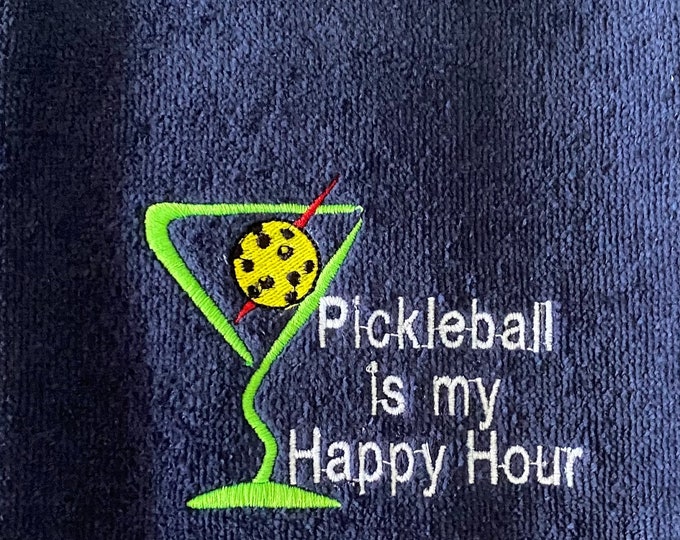 Pickleball Towel-Pickleball sweat towel-Pickleball Gift- Pickleball Team gifts- Embroidered Pickleball towel- -Pickleball Happy Hour( Navy )