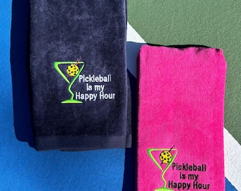 Personalized Pickleball Towel, Custom Embroidered Court Towel, "Pickleball Is My Happy Hour logo, Name is optional,, Gift for players