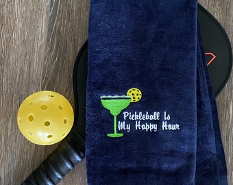 Pickleball Is My Happy Hour Towel, Personalized Embroidered Court Gift, Soft Absorbent Sports Towel