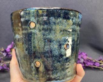 Petit/Moyen pot à orchidées fait main à rayures bleues