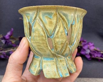 Pot à orchidées Neofinetia Fuuran turquoise bio fait main