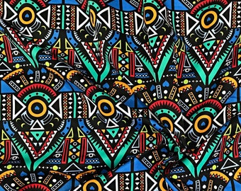 African print silk fabric / Mudcloth Satin African fabric / Bogolan Satin fabric / Blue green satin fabric / Fabric by the yard