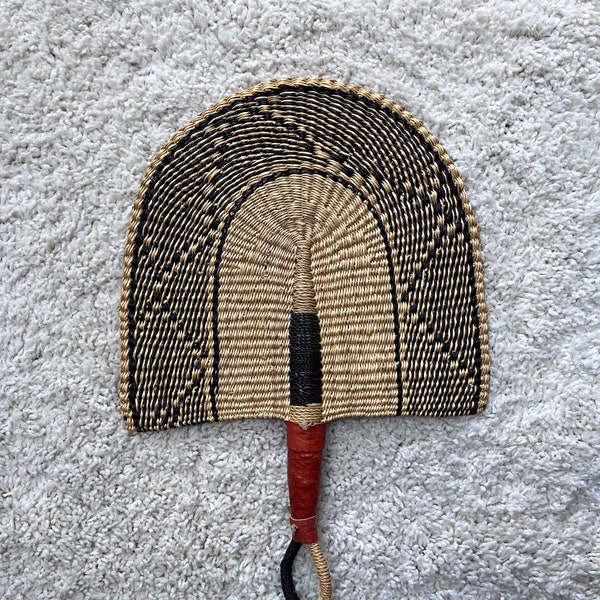 Burkina Faso Woven Hand fan /  Hand Woven Raffia Fiber African Hand Fan Leather Handles / Woven Home accessories /  Bolga Fan / Wicker Fan