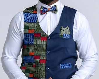 African Print men suit vest / kente fit vest / African suit / african fashion men wear / Men african print blazer ( Navy blue jacket only)