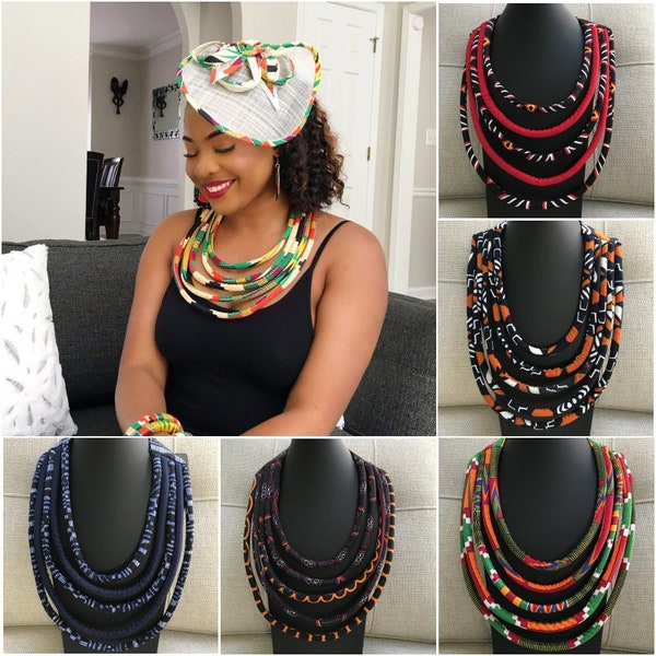 African print rope necklace/ African jewelry / Bonnet headwrap / Ankara bangle bracelets / African print necklace / Ethnic & tribal Jewelry