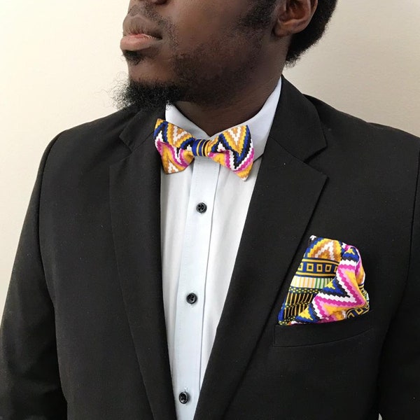 African print bow tie & pocket square set / Kente bow tie and handkerchief set / Ankara bow tie - Blue / Gold