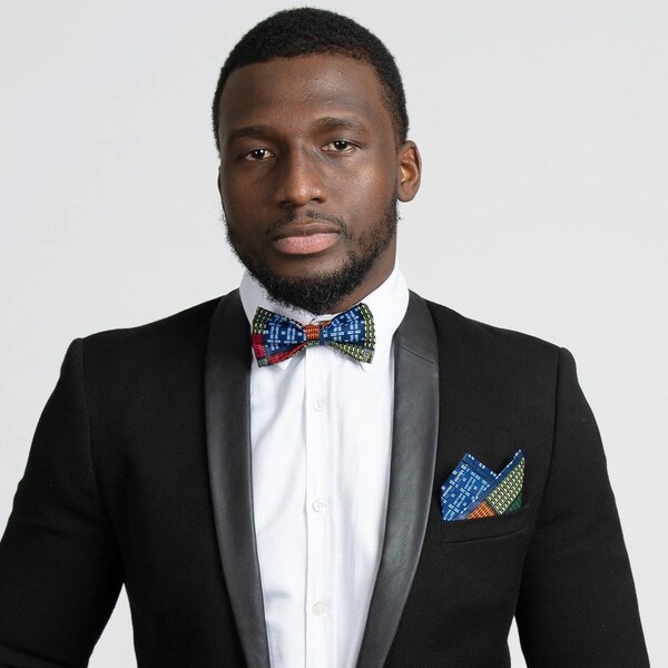 African print bow tie & pocket square set / Kente bow tie and handkerchief set / Ankara bow tie - Blue / Gold