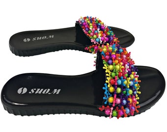 SIZE US 8.5 / EU 39 colorful beaded women sandals / slippers / home sandals/ beach sandals / Beaded sandals / summer sandals / gift fro her