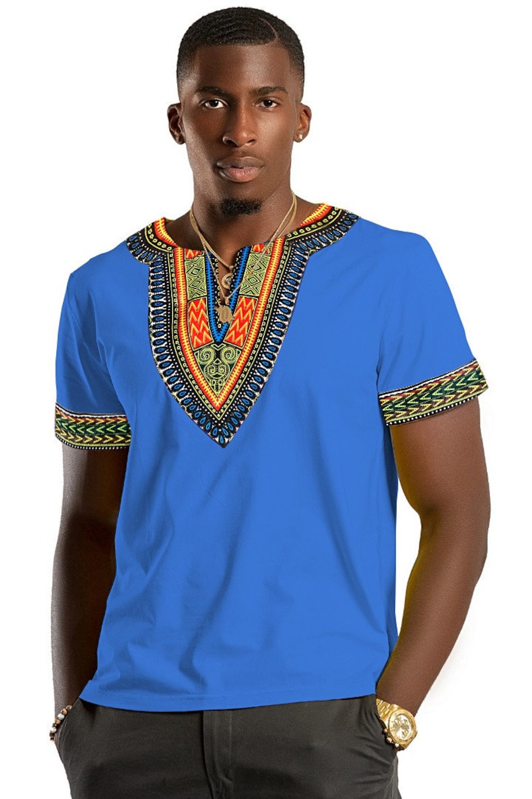 African Dashiki Shirt / Dashiki Print Men T-shirt blue, Short Sleeve, V ...