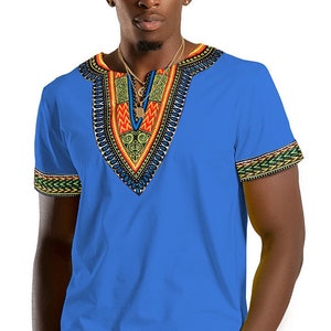 African Dashiki Shirt / Dashiki Print Men T-shirt blue, Short Sleeve, V ...