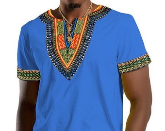 African Dashiki Shirt Dashiki Print Men T shirt blue Short