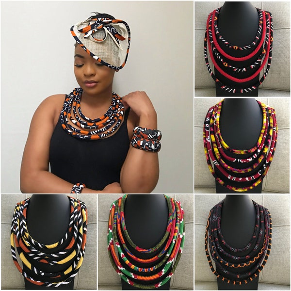 African print rope necklace/ African jewelry / Bonnet headwrap / Ankara bangle bracelets / African print necklace / Ethnic & tribal Jewelry