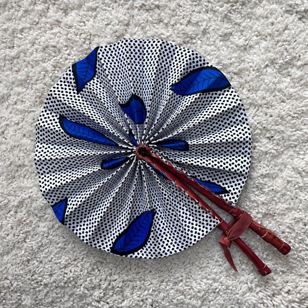 African Print Circle Foldable Handheld Fan / Ankara print Hand fan / Handmade African Foldable Fan/ Handheld Folding Fan with leather holder