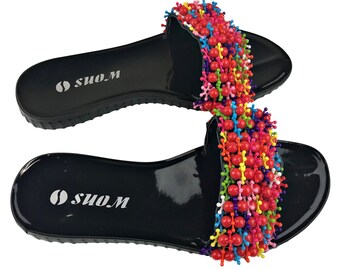 SIZE US 10.5 / EU 42 colorful beaded women sandals / slippers / home sandals/ beach sandals / Beaded sandals / summer sandals / gift fro her