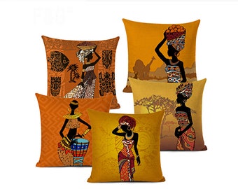 African ethnic pillow covers / Geometric Cushion Cover / Portrait decorative cushions / 18x18 cotton linen African Woman throw pillows