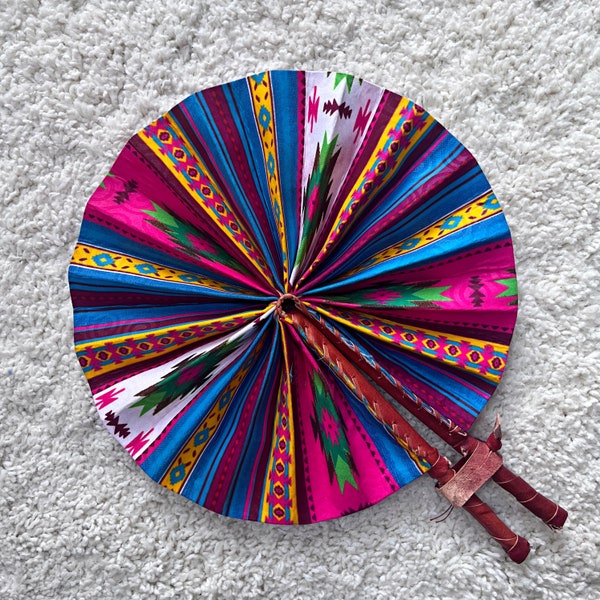 African Print Circle Foldable Handheld Fan / Ankara print Hand fan / Handmade African Foldable Fan/ Handheld Folding Fan with leather holder