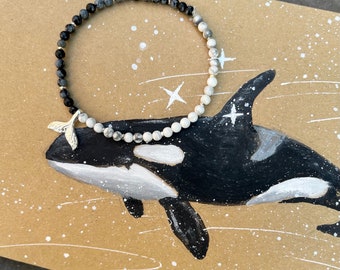 Orca, orca bracelet, whale, whale fin, gemstone beads