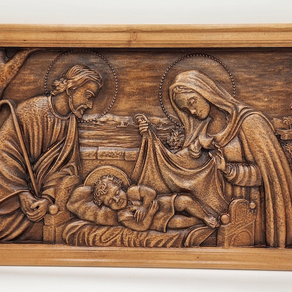 As seen on Hallmark - Mary and Joseph Christmas Carving Nativity Wood Wall Hanging Decor Personalized Holy Christian Art Gift Ideas