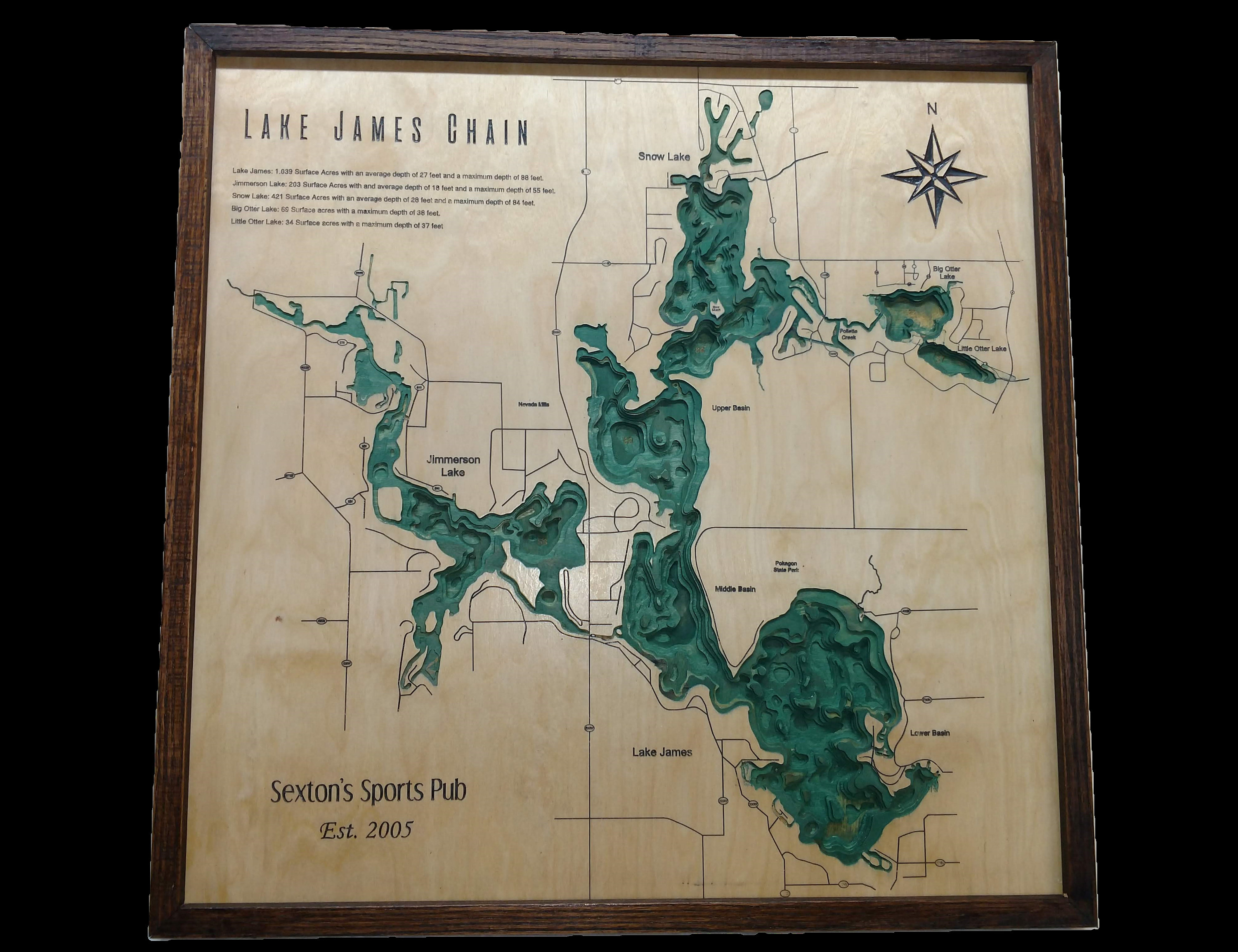 Lake James Chain, IN Custom Lake Depth Chart Map Topographic Bathymetric Relief Scale Tallando