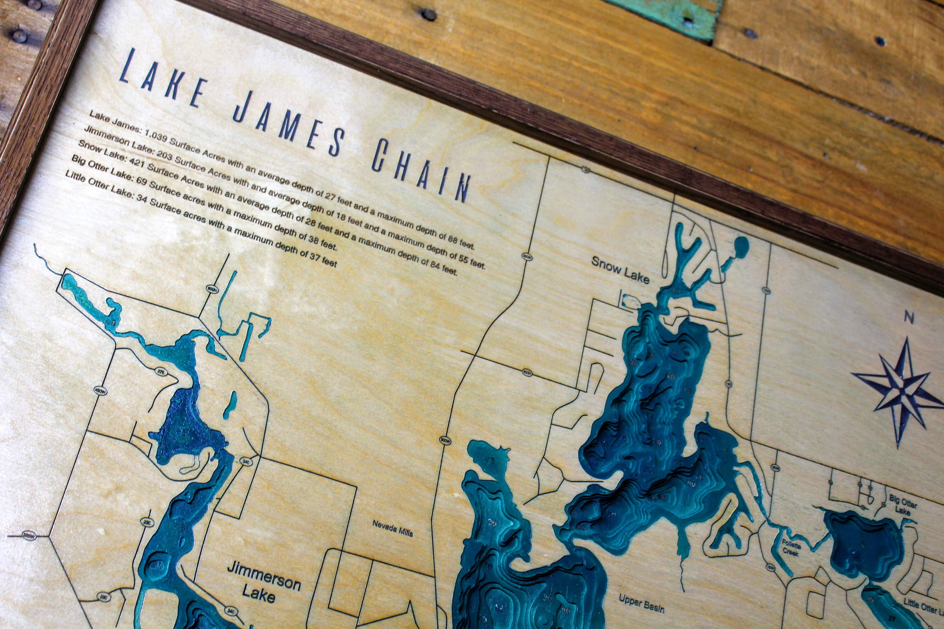 Lake James Chain, IN Custom Lake Depth Chart Map Topographic Bathymetric Relief Scale Tallando