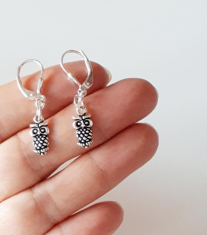 Lever back owl earrings with 925 Sterling Silver ( real silver ), Comfortable owl earrings.