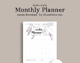 Boho monthly Planner Printable, monthly Spread, Bullet Journal, Printable Planner, Bullet Journal Printable, Journal Pages, Bujo Inserts