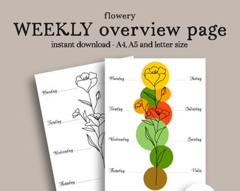 Flowery Weekly Planner Printable, Weekly Spread, Bullet Journal, Printable Planner, Bullet Journal Printable, Journal Pages, Bujo Inserts