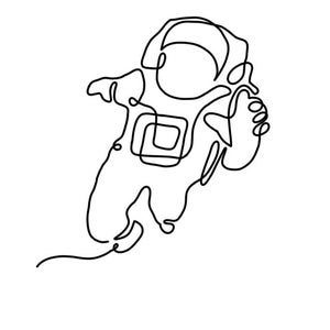 May include: Line drawing of an astronaut in a spacesuit, with one arm raised and the other bent at the elbow.