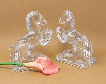 Vintage Clear Glass Rearing Horse Bookends | Mid Century Modern Library Decor