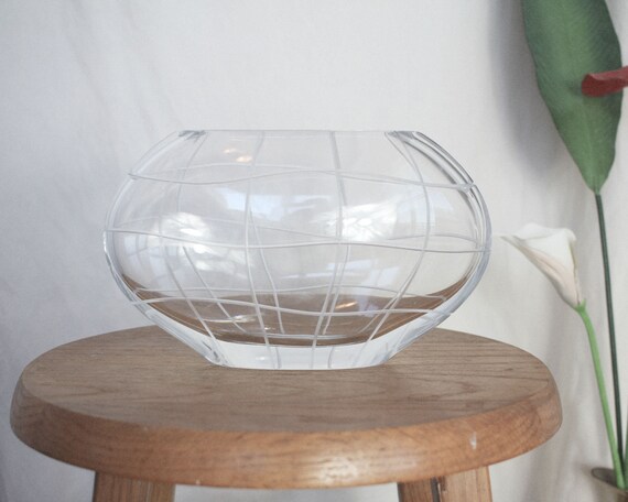 Vintage Etched Crystal Oblong Flat Vase Oval Moon Shape Grid Etsy